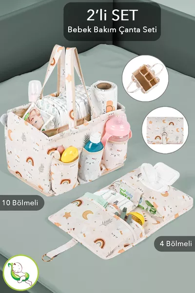 طقم مكون من قطعتين: حقيبة رعاية أطفال متعددة الجيوب + منظم مناديل مبللة لتغيير الحفاض