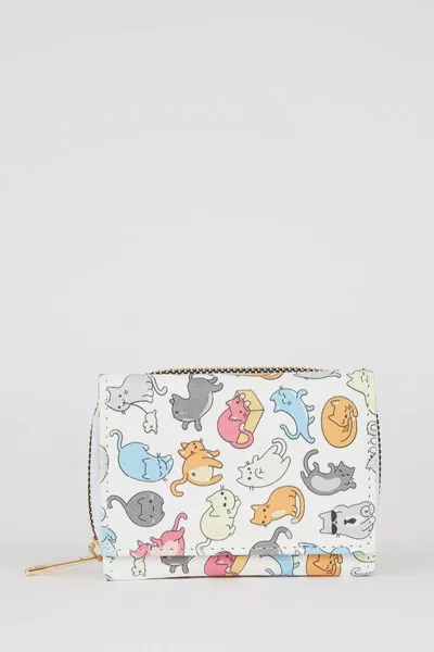 Kadın Kedi Desenli Suni Deri Cüzdan AZNS