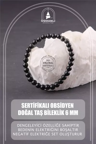 Sertifikalı Obsidyen Doğal Taş Bileklik 6 Mm - 