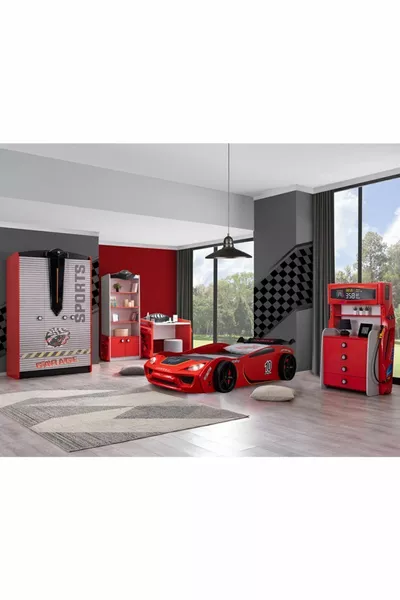 Cameretta - Letto con Carro Vento - Sport Armadio a 3 Ante, Scrivania, Comò, Libreria - Rosso