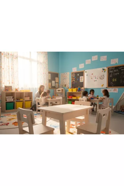 Children's study desk with 2 natural chairs