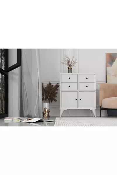 Ayaklı Iki Kapaklı Dört Çekmeceli Beyaz Şifonyer Çıtasız -ç