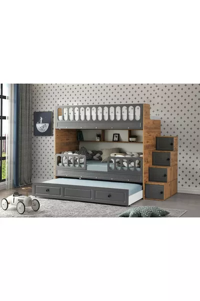 Рейкавая кровать-чердак с решеткой, мембранное покрытие, стальная опора, MDF 100%