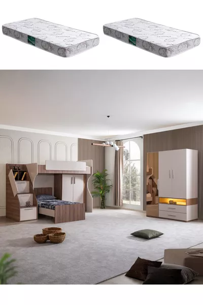 Двуетажно легло с гардероб, комплект за детска стая Milano, двуетажно легло с гардероб с 3 врати, 2 броя удобни матрака