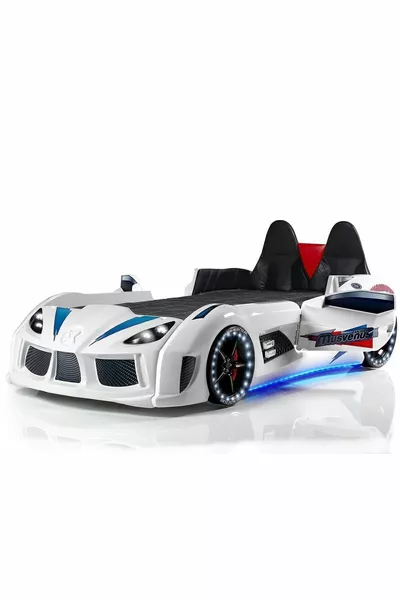 Chambre d'enfant - Lit voiture avec siège Audi, Armoire 3 portes Sports, Bureau, Commode - Blanc