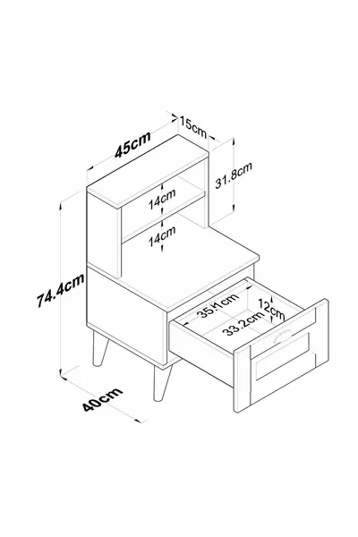 Comodino Rani con 2 Ripiani, Cassetto a Membrana, Cestino, Noce - Bianco