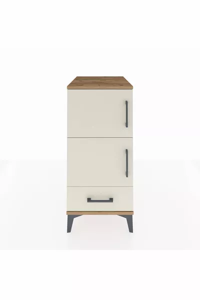 Comodino Kronos con 4 Ripiani, 1 Cassetto e 1 Anta, Pino-Pietra di Luna