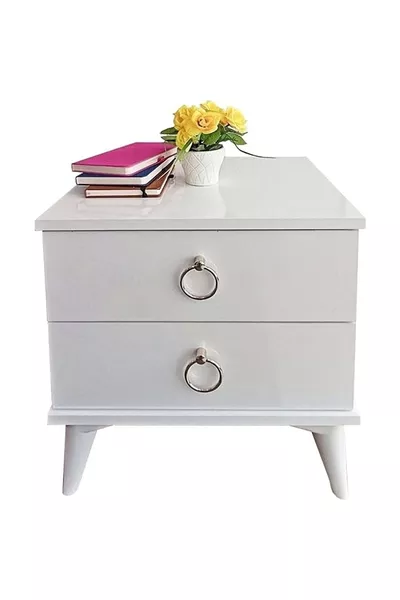 Nachttisch mit zwei Schubladen, weiß, auf konischen Beinen