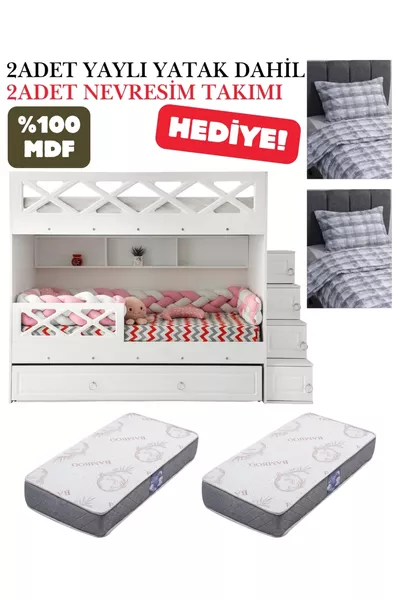 Mars Ranza / % MDF / 2 Броя Легла с Бамбукови Механизми / 2 Броя Комплект Спално Бельо Подарък