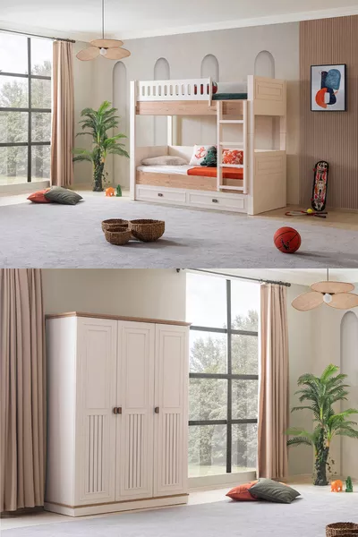 Stapelbed, Zenit Yavrulu Jongenskamer Set Stapelbed + Kastruimte met Drie Deuren