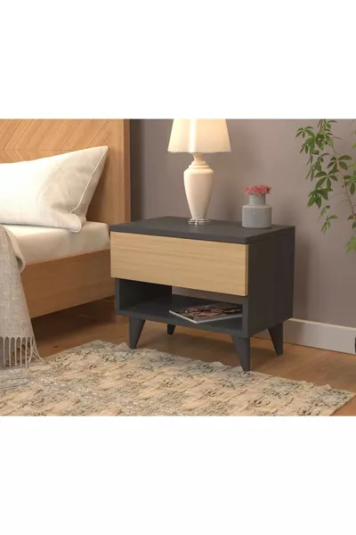 Nightstand Çekmeceli Bölmeli Komodin Ayaklı Meşe Antrasit