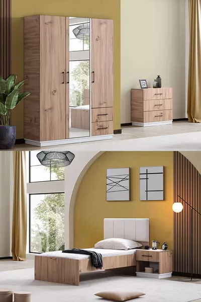 Youth Room Efes 3-Door Wardrobe, Bed, Dresser, Nightstand Walnut Cream