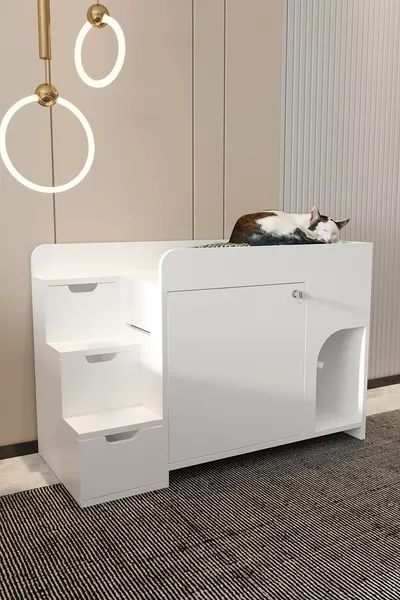 MAYA Houten Kattenbak en Bed Stapelbed Model - deksel met slot - Geen Zandbak - Geen Bed - WIT