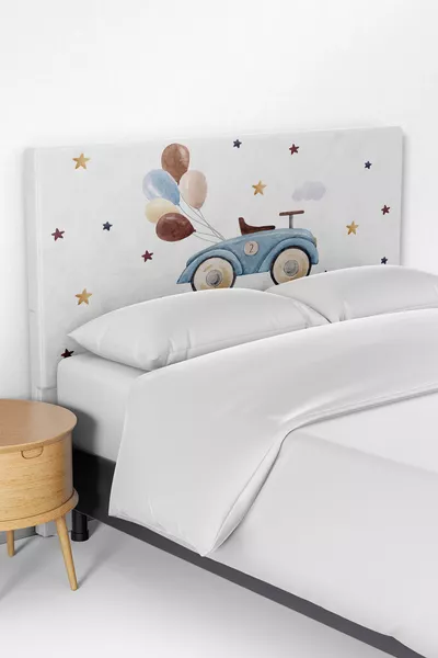 Niedliche Kinderbett-Boxspring-Kopfteilkissenhülle mit Auto- und Ballonmuster
