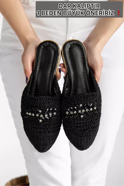 Дамски сандали от сламка, затворени отпред, с плетена дантела и камъни, елегантни летни чехли за вкъщи, плаж и почивка