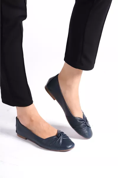 Genuine Leather Navy Blue Women's Leather Flats 