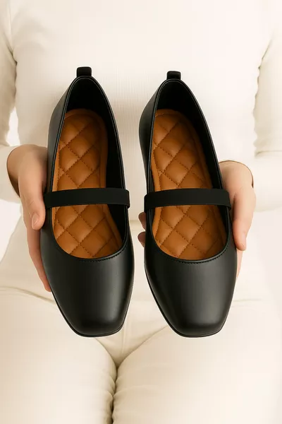 Women's Black Ballet Flats for Home, Daily and Office Use, Non-Slip, Lightweight, Comfortable, Orthopedic Sole, Mother Shoes