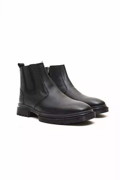 Genuine Leather -S Black Men’s Classic Boots with Fur Lining, Zipper, and Elastic Detail