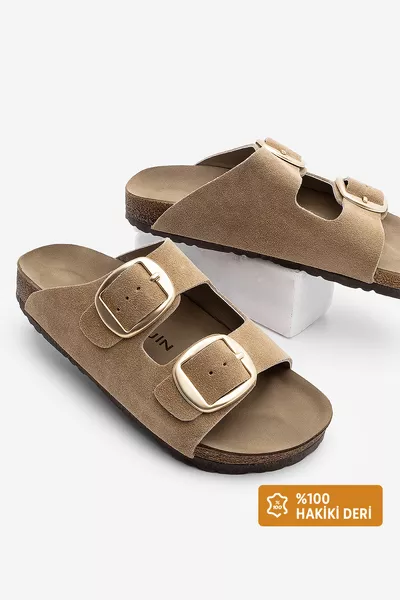 حذاء نسائي يومي من الجلد الطبيعي، صندل ذو حزامين، نعل EVA، لون الجملي