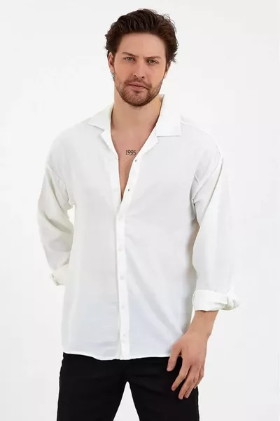 قميص رجالي أبيض من الكتان واسع ومريح بتصميم أورسايز آيروبين