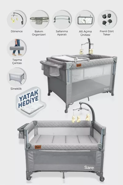 سرير حديقة جانبي لسارة للأطفال مع سرير لعب وتخت هدية - رمادي