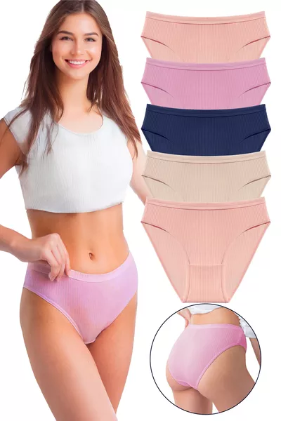 Women's % Cotton 5-Pack Ribbed Waist Bikini Panties in Baby Pink, Rosewood, Indigo, Nude 