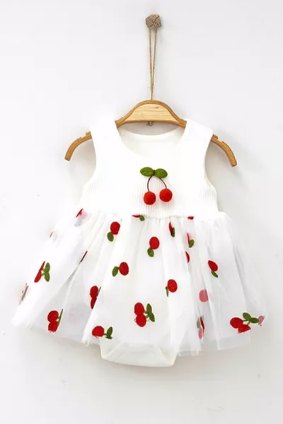 Rompertje met klittenband en tule details met kersenprint (% katoen)