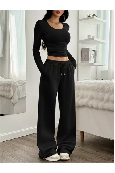 بنطلون نسائي أسود كبير الحجم، واسع وفضفاض، قماش مرن ومريح، بنطلون رياضي من شاه مودا