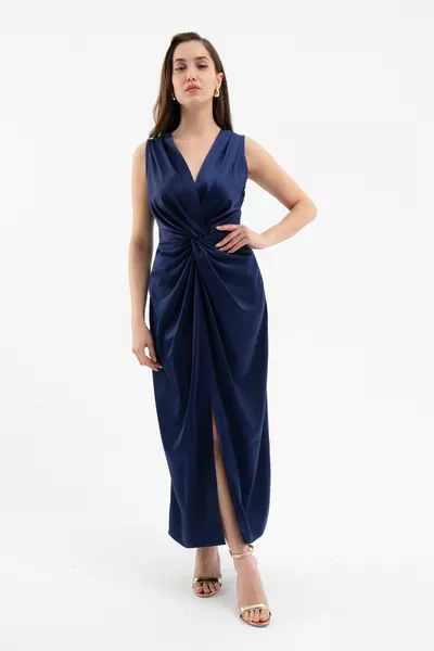 فستان ساتان متوسط الطول نسائي بتفاصيل عقدة باللون الكحلي