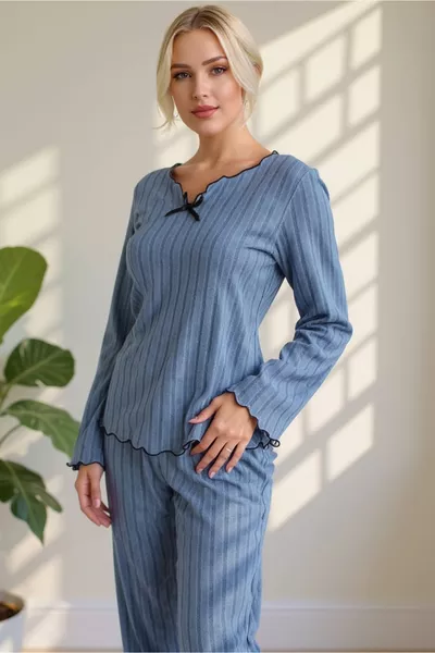 Indigo Cotton Pajama Set with Bow Detail