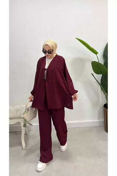 طقم بنطلون مزدوج برباط هوائي للتستر باللون القرمزي