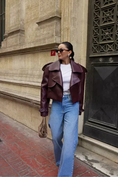 Burgundy Leather Short Trench Coat with Panel Detail