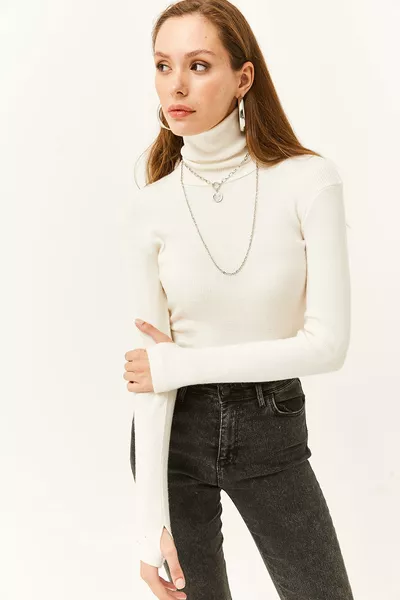 Women's Ecru Turtleneck Blouse with Finger Detail and Stretch 