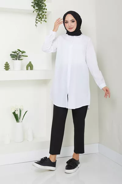 Women's White Terry Cotton Hidden Button Boyfriend Modest Shirt