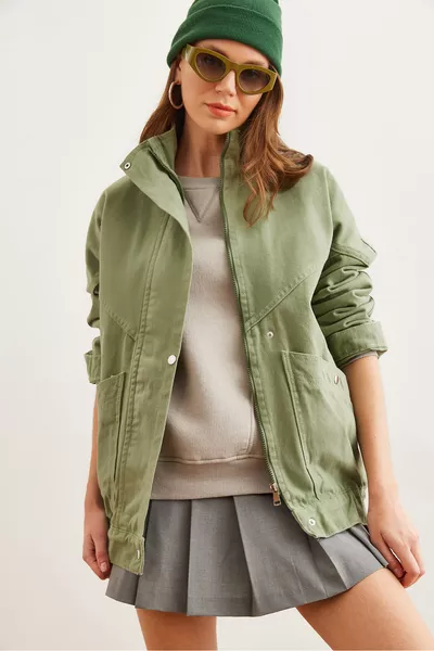 Women's Khaki Long Denim Jacket with Pockets, Zipper and Snap Buttons 