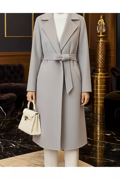 Gepolsterter, taillierter Damenwintermantel aus Wollmischung, knielang, mit Taschen, dunkelgrau