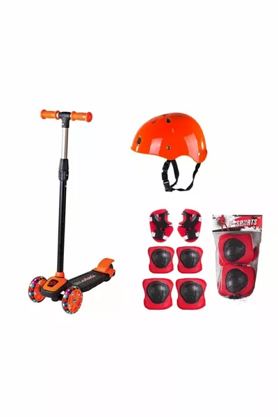 مجموعة كاملة برتقالية بعجلات ثلاثية مع 3 مصابيح LED خوذة جديدة للأطفال بعمر 3+ سنوات