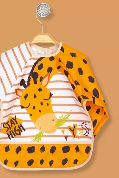 مريول طويل الأكمام مزدوج برسوم زرافة ودب لطيف مقاوم للسائل للأنشطة وتناول الطعام للأطفال