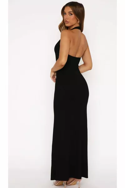 فستان طويل أسود بدون أكمام بحزام حول الرقبة من قماش ليكرا