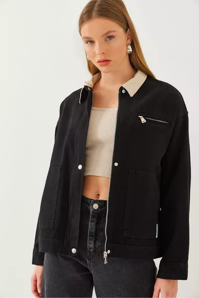 Women's Gabardine Jacket with Leather Collar Detail  