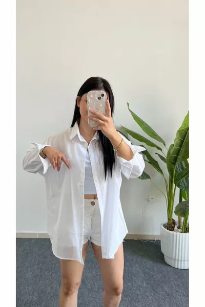 Луксозна бяла основна дамска риза с ниски рамене, овърсайз, от лен с джобове - OKUL