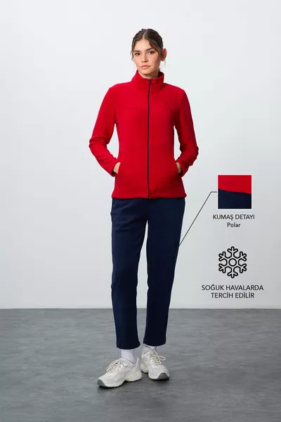 بدلة رياضية نسائية من الفرو المطرز بكرة عنق عالية، سميكة وناعمة، باللونين الأحمر والكحلي -