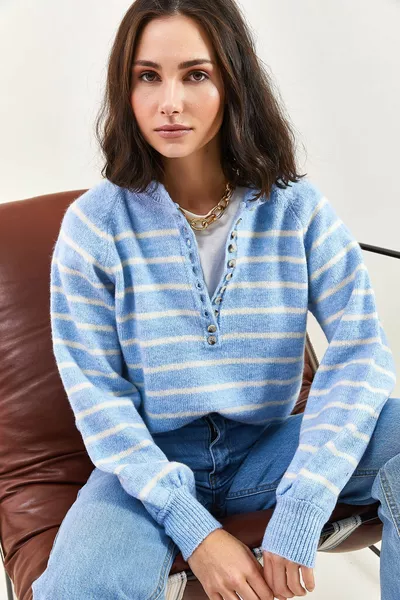 Women's Buttoned Turtleneck Striped Knit Sweater