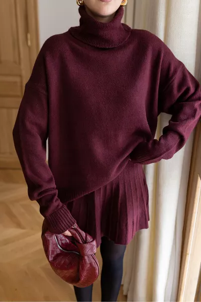 Burgundy Turtleneck Knit Top and Skirt Set
