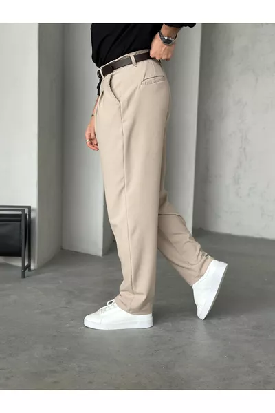 بنطلون قماشي واسع بكسرات باللون البيج