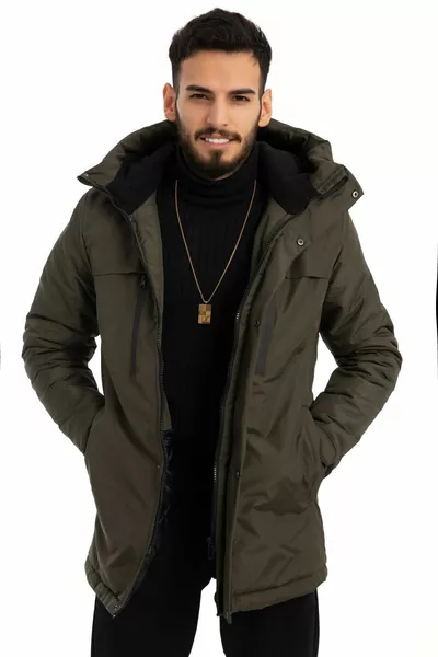 معطف وجاكيت شتوي رجالي بلون الزيتوني مع بطانة فلانس مقاوم للماء والرياح مع قبعة
