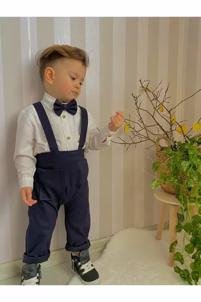 Dunkelblaues Baumwoll-Latzhosen-Set Klassisches Langarmhemd mit Fliege