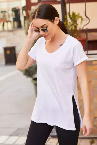 T-shirt / Tunique Femme en Jersey de Coton Tricoté, Noir et Blanc, Col en V à Deux Pièces, Asymétrique avec Fente sur le Côté