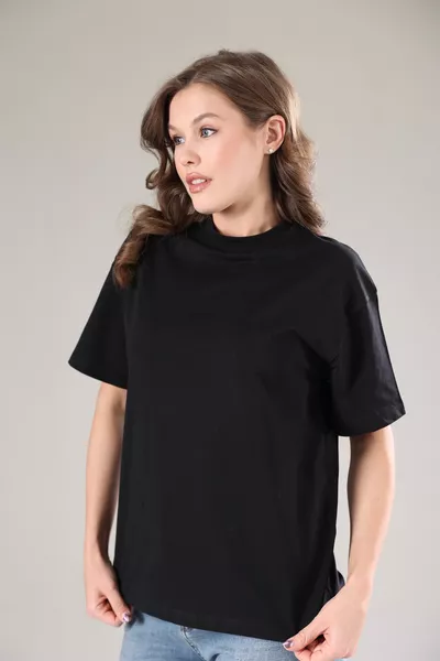 T-shirt femme noir basique en coton  % biologique avec col montant côtelé