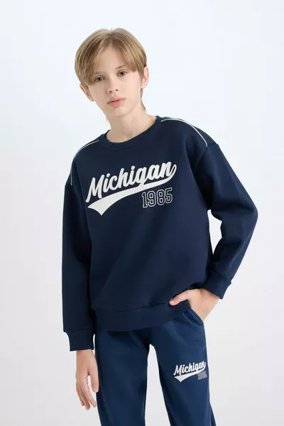 Boys' Navy Oversized Loose-Fit Crew Neck Printed Sweatshirt WN